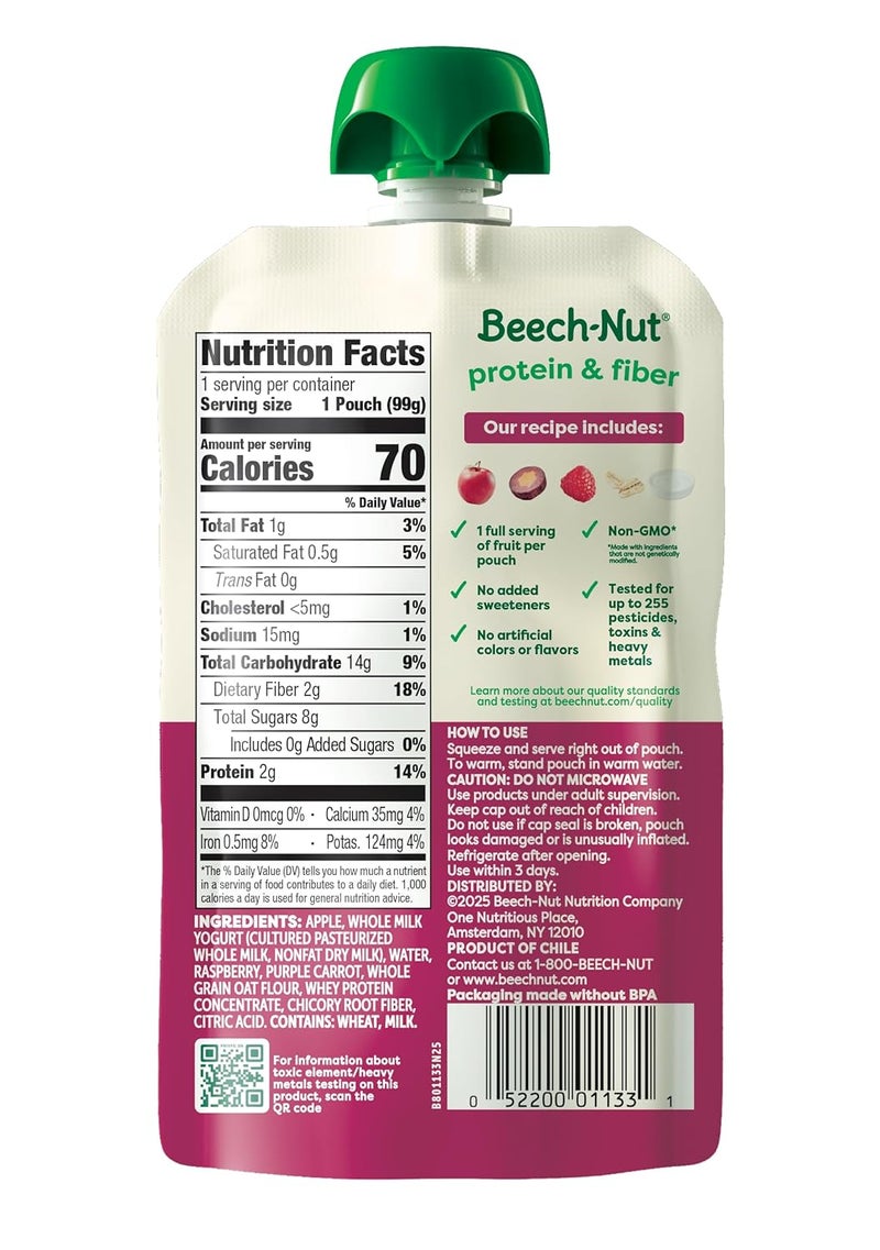 Beech-Nut Baby & Toddler Food Pouches with Protein and Fiber, Apple Yogurt Raspberry Purple Carrot & Oat Puree, 3.5 oz (12 Pack) - Image 3
